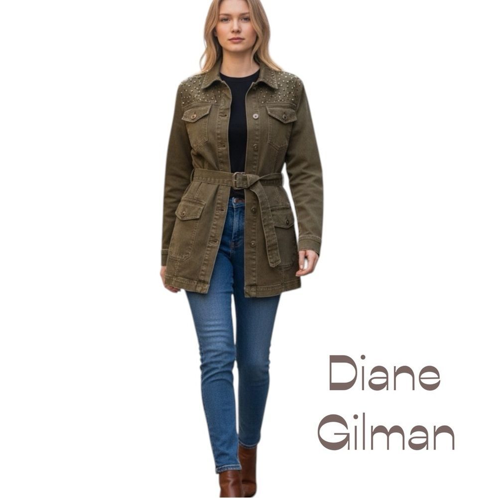 Diane Gilman Distressed Brown Studded Belted Jean Jacket Size M Western CowGirl